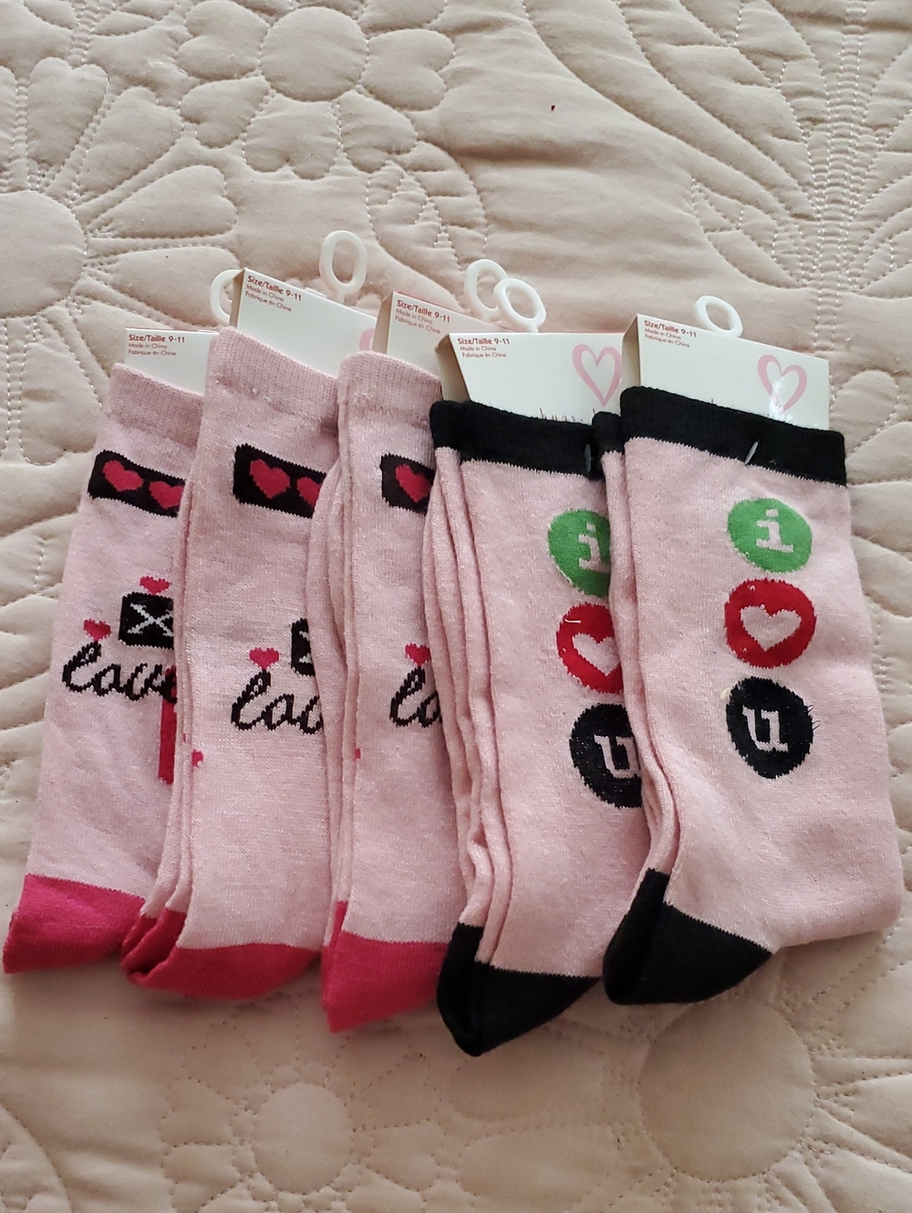 Pink Women's Crew Socks with Heart Designs - Pack of 5
